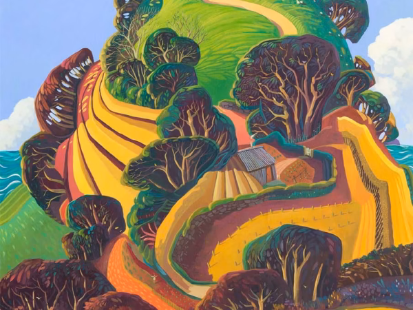 ‘Home on the Hill’, Jo March, acrylic on board.
