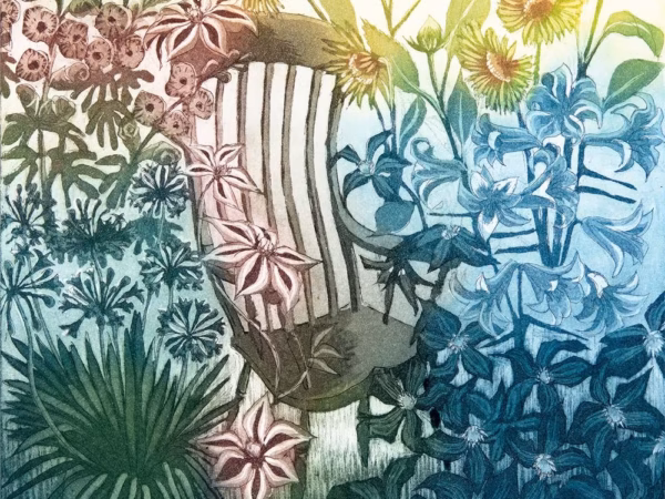 Morna Rhys Greetings Cards: ‘Floral Chair’ Morna Rhys, copperplate etching. Image © Morna Rhys