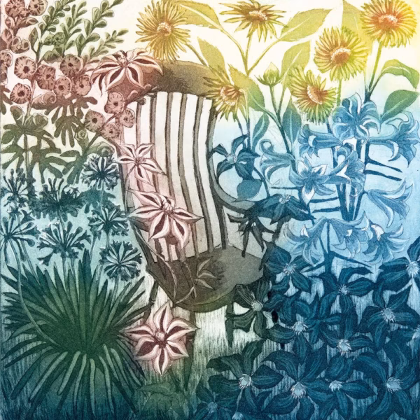 Morna Rhys Greetings Cards: ‘Floral Chair’ Morna Rhys, copperplate etching. Image © Morna Rhys