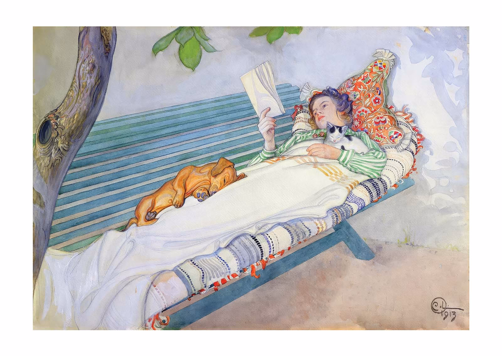 Carl Larsson Art Prints: ‘Woman Lying on a Bench’, Carl Larsson, watercolour on paper, 1913.