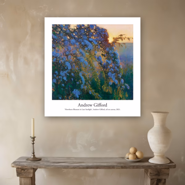 Andrew Gifford Prints: ‘Hawthorn Blossom in Late Sunlight’, Andrew Gifford, oil on canvas, 2021.