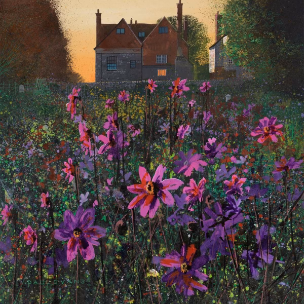 Paul Evans Cards: ‘Light on the Allotment’, Paul Evans, acrylic on canvas, 2024.