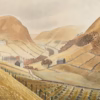 Eric Ravilious Artworks: 'Corn Stooks and Farmsteads, Hill Farm, Capel-y-ffin, Wales’, watercolour, 1938.