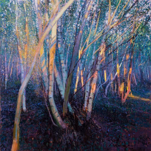 Andrew Gifford Greetings Cards: ‘Coppiced Birch’, Andrew Gifford, oil on canvas, 2020.