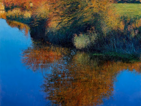 Andrew Gifford Greetings Cards: ‘Hawthorn Reflected, Glynde Reach, Autumn’, Andrew Gifford, oil on canvas, 2021.