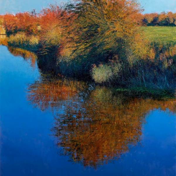 Andrew Gifford Greetings Cards: ‘Hawthorn Reflected, Glynde Reach, Autumn’, Andrew Gifford, oil on canvas, 2021.