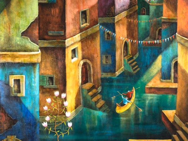 Adrian Sykes Greetings Cards: ‘Canoe’, Adrian Sykes, oil and mixed media on board.