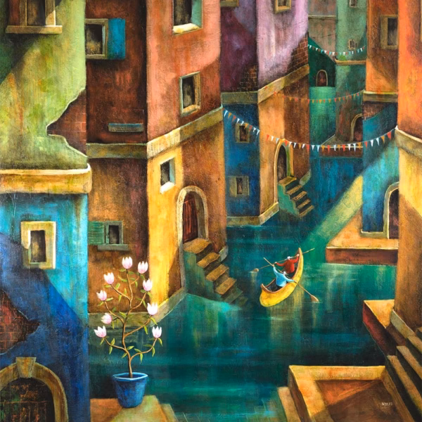 Adrian Sykes Greetings Cards: ‘Canoe’, Adrian Sykes, oil and mixed media on board.