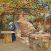 Detail from ‘A Flower Lover on a Sunny Terrace’, Marie Egner (1850-1940), oil on board.