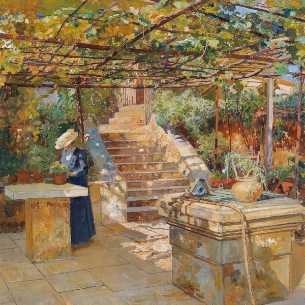 Detail from ‘A Flower Lover on a Sunny Terrace’, Marie Egner (1850-1940), oil on board.