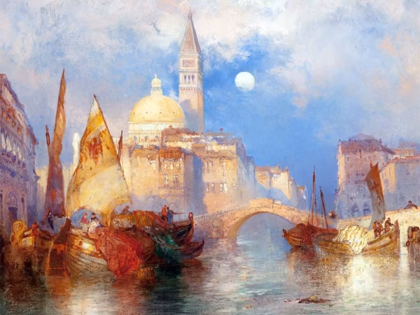 ‘Moonrise, Chioggia, Venice’ , Thomas Moran, oil on canvas, 1897.