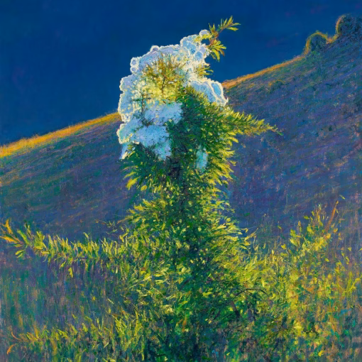 Andrew Gifford ‘Backlit Hawthorn in Late Evening Light, South Downs’, oil on canvas, 2021.