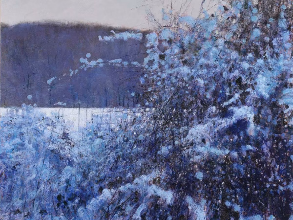 Christmas Cards: ‘Blackthorn and Bramble Laden with Snow’, Andrew Gifford, oil on canvas, 2021.