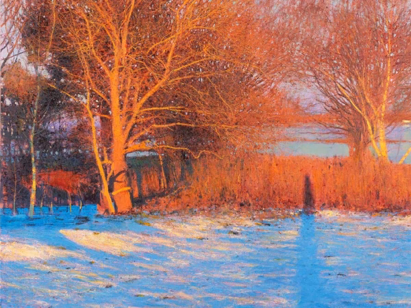 Andrew Gifford Christmas Cards: ‘Late Afternoon Winter Sun with Long Shadow’, Andrew Gifford, oil on canvas, 2021.