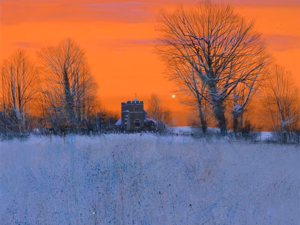 ‘Winter Dusk, Hamsey’, Paul Evans, acrylic on canvas, 2024.