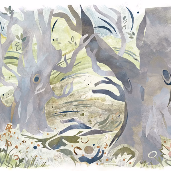 ‘Ancients of Kings Barrows’, Rose Ferraby, painted collage & acrylic paint, 2025.