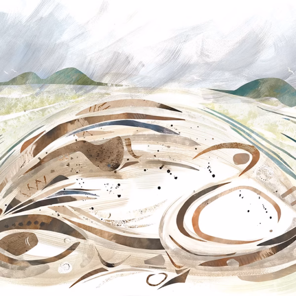 ‘Barrow Land’, Rose Ferraby, painted collage & acrylic paint, 2025.