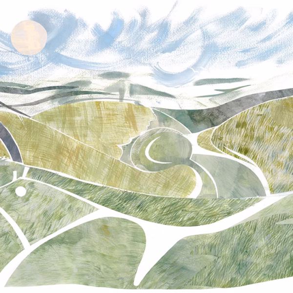 ‘Uffington’, Rose Ferraby, painted collage & acrylic paint, 2025.