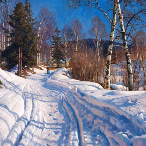 ‘A Sunlit Winter Landscape’ Peder Mørk Mønsted, oil on canvas 1919.