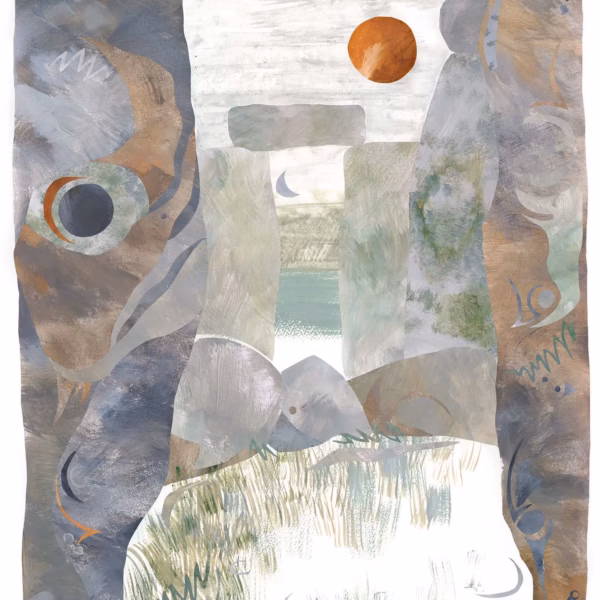 ‘Stonehenge’ Rose Ferraby, painted collage and acrylic paint, 2025.