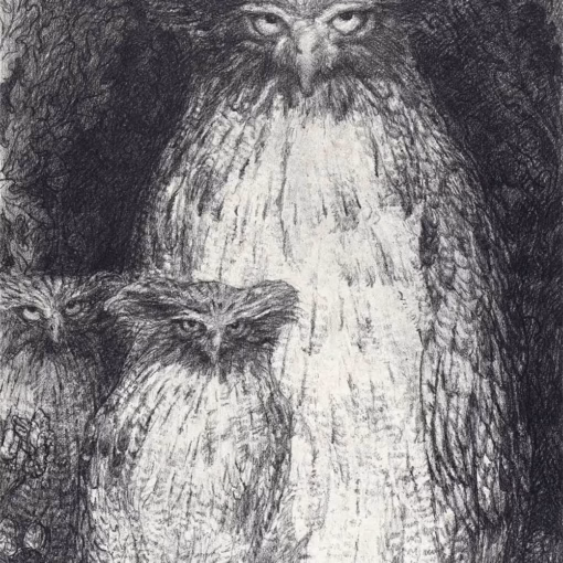 Owl Greetings Card: ‘The Owl with Two Owlets Sitting on a Branch’, Henry de Groux, lithograph, 1895.