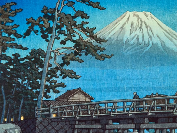 ‘Mount Fuji in Moonlight, Kawai Bridge’, Hasui Kawase, woodblock print, 1947.
