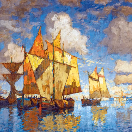 ‘Fishing Boats in the Lagoon’ Konstantin Ivanovich Gorbatov, oil on canvas, 1941.