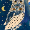 Owl Greetings Card: ‘Two Owls’, Julie de Graag, print from a linocut, 1921. Background: ‘Sonne, Mond und Sterne’ (detail) Karl Weiner, watercolour, 1924.