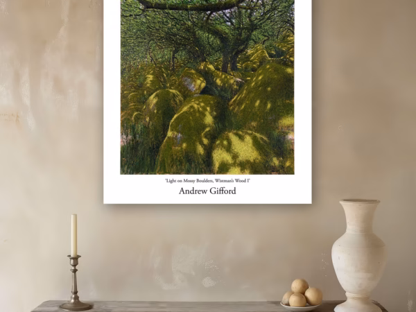 Andrew Gifford Prints: ‘Light on Mossy Boulders, Wistman’s Wood I’, oil on canvas, 2024.