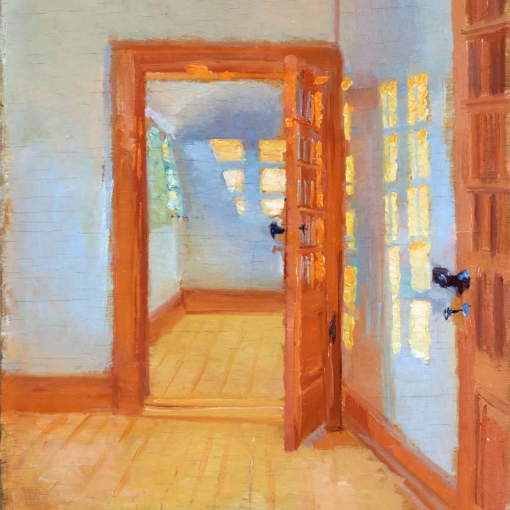 ‘Interior. Brøndum’s Annex ’ Anna Ancher, oil on wood, 1920.
