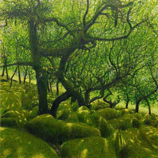 ‘Boulders and Canopy, Wistman’s Wood’, Andrew Gifford, oil on canvas, 2025.