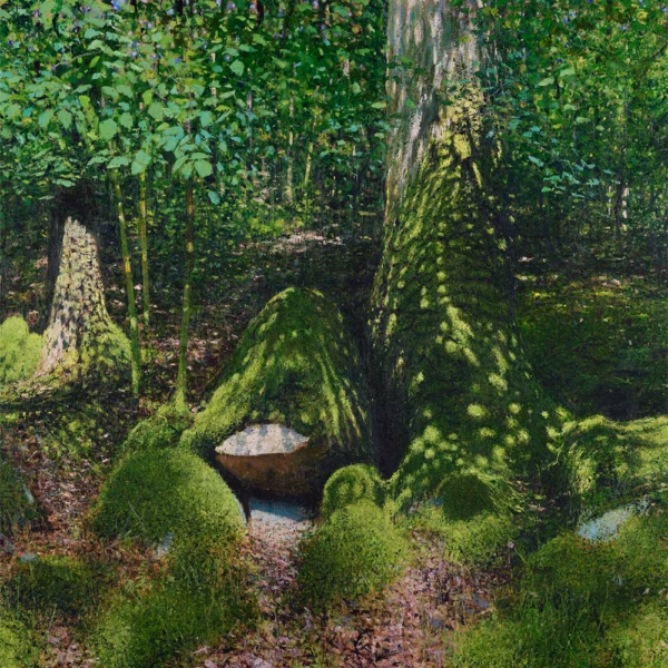 ‘Mossy Boulders, Dolgellau, Ganllwyd’, Andrew Gifford, oil on canvas, 2025.