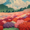 ‘View of Azalea Garden and Mount Fuji’, Hasui Kawase, woodblock print, 1935.
