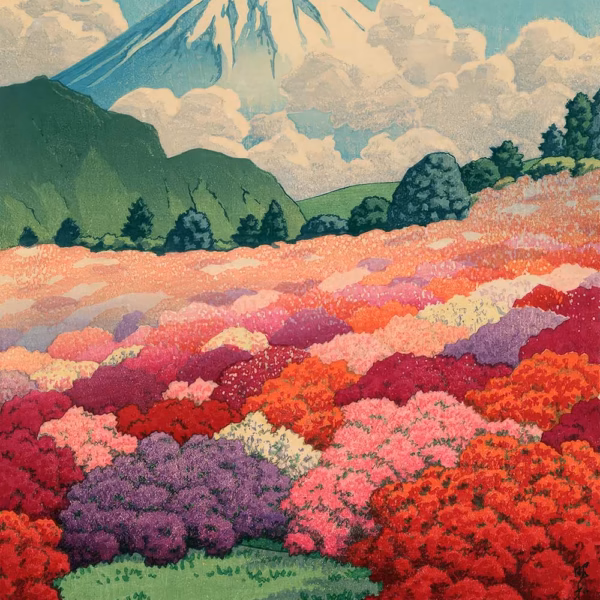 ‘View of Azalea Garden and Mount Fuji’, Hasui Kawase, woodblock print, 1935.