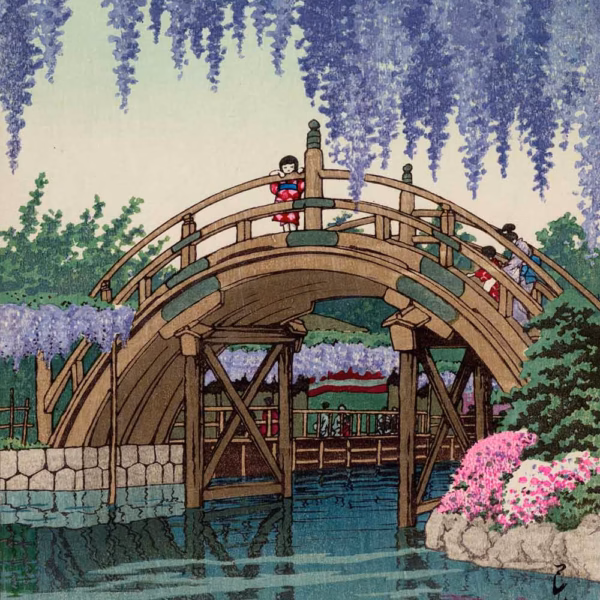 ‘Wisteria at Kameido’, Hasui Kawase, woodblock print, 1932.