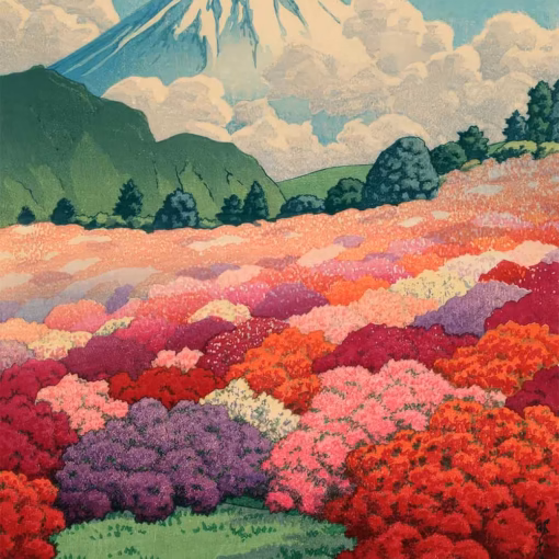 ‘View of Azalea Garden and Mount Fuji’ Hasui Kawase, woodblock print, 1935.