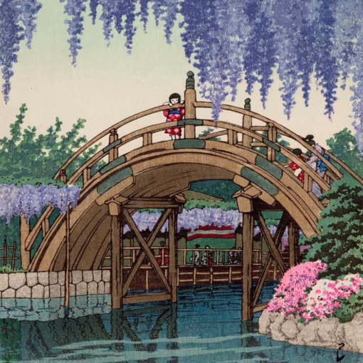 ‘Wisteria at Kameido’ Hasui Kawase, woodblock print, 1932.
